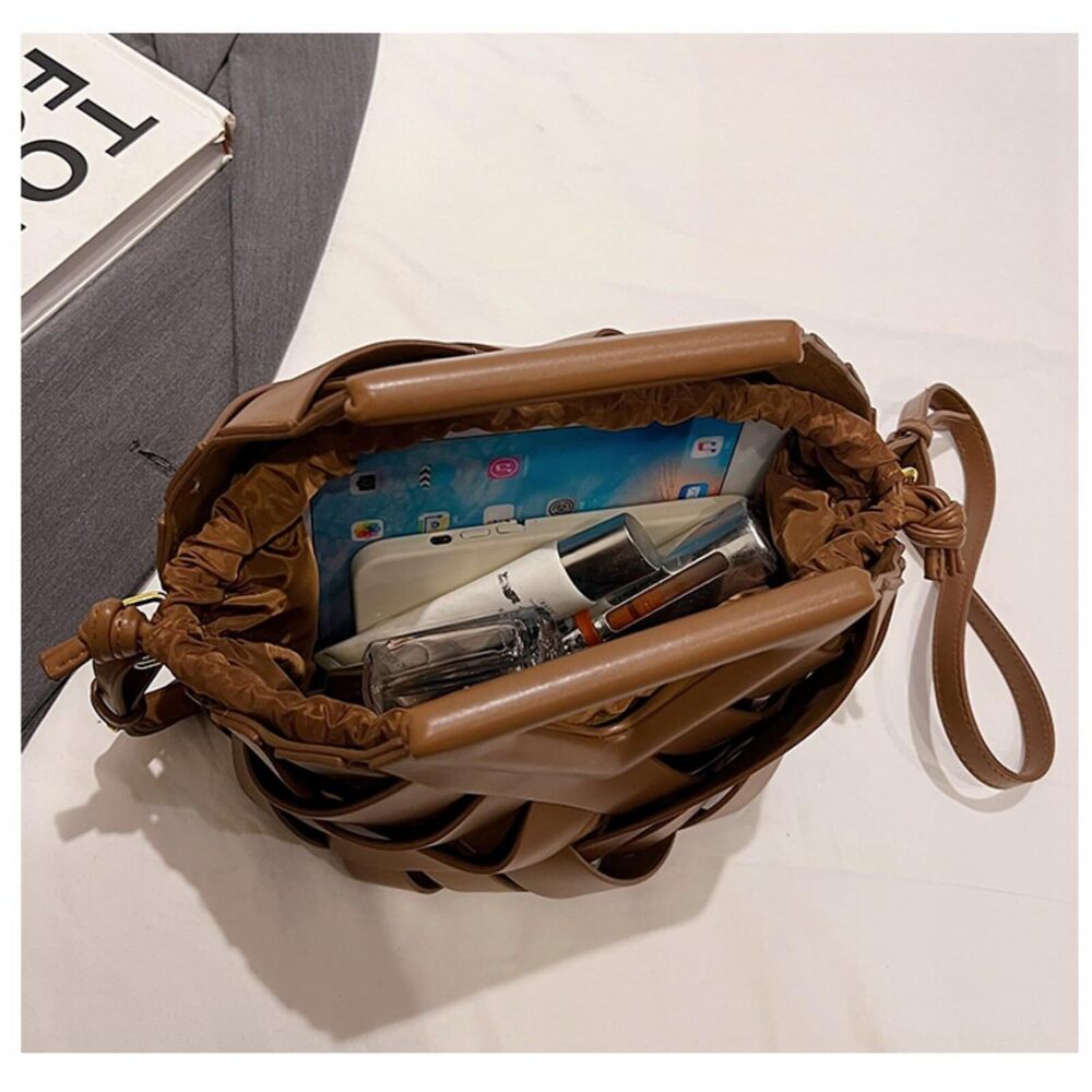 5830 Vegan Leather Clutch Purses Woven Bucket Crossbody Shoulder Bag - Picture 7 of 8